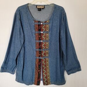 VTG STREET WEAR Chambray Cotton Tunic Top Size L Blue Ribbon Boho Lagen